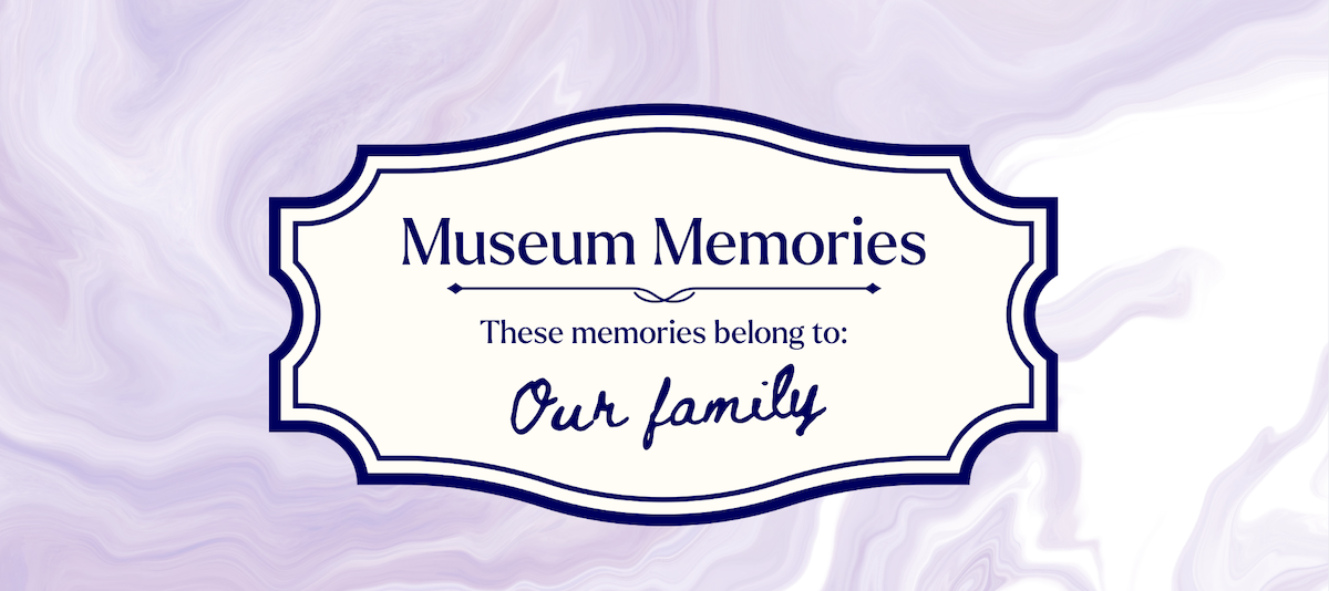 The labeled front of a purple marbled journal titled "Museum Memories"